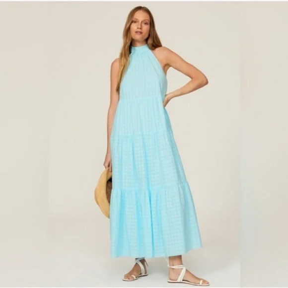 Trina Turk Tiered‎ 100% Cotton Sunglasses Maxi Dress Turquoise Size Small - Picture 1 of 8